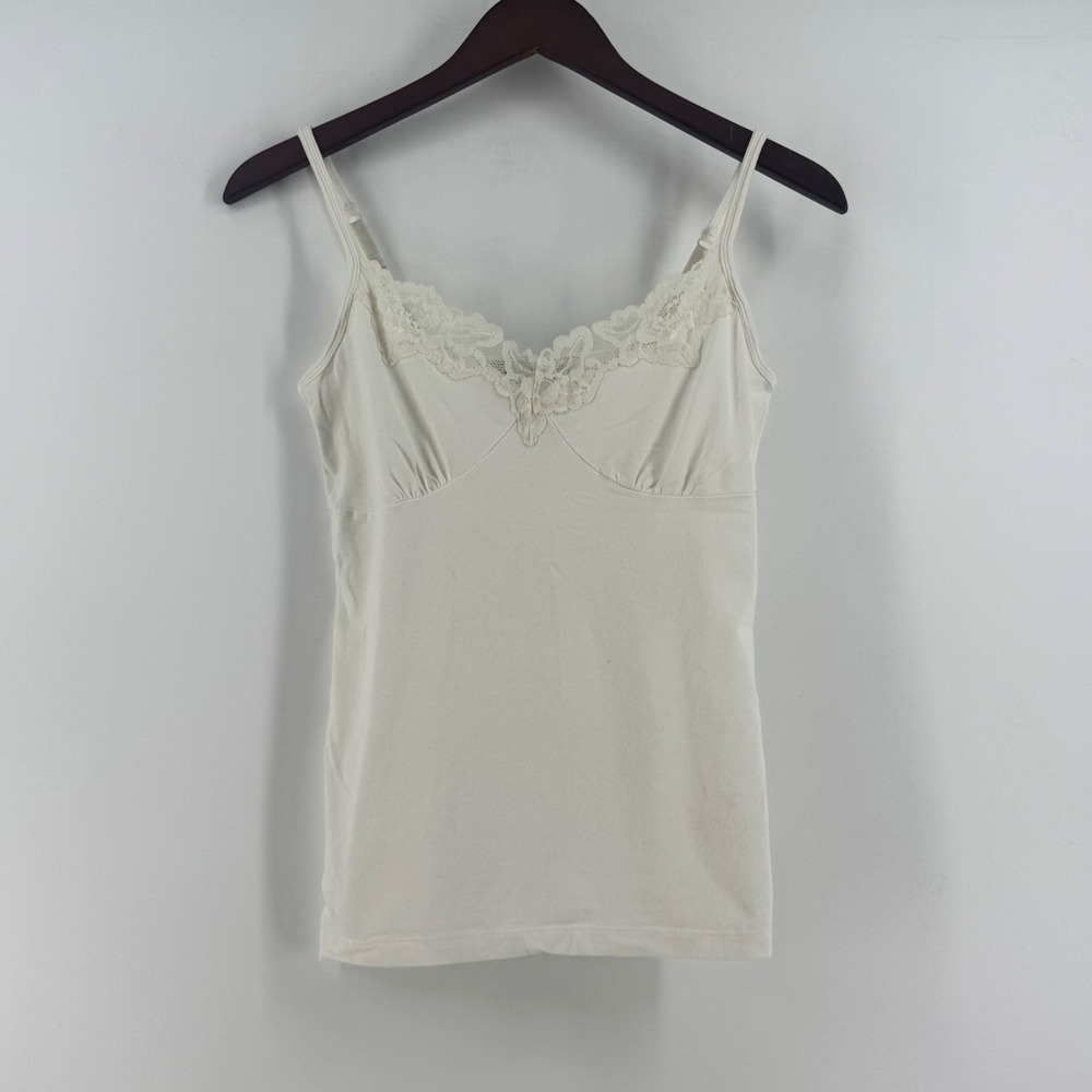 French Laundry Women Cream Lace Trim Camisole Adjustable Strap Cotton Blend Top